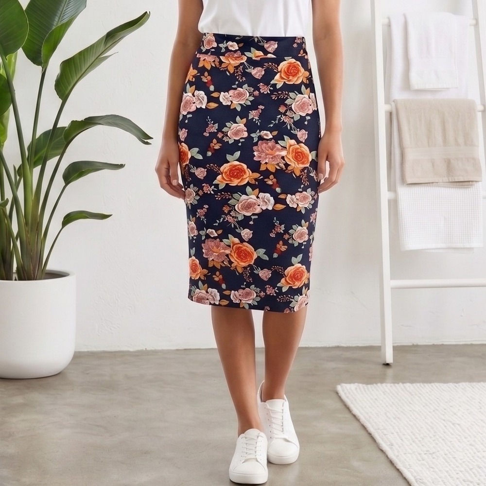 Agnes Dora Pencil Skirt Womens XL Navy Floral Stretch Knit Wide Waistband NWOT